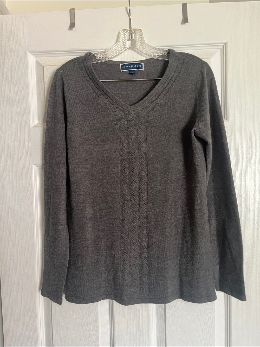 Karen Scott Dark Gray V-Neck Cable Front Sweater